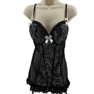 La Senza Babydoll Lace Pushup Corset Bustier Bow Black White Lingerie Large